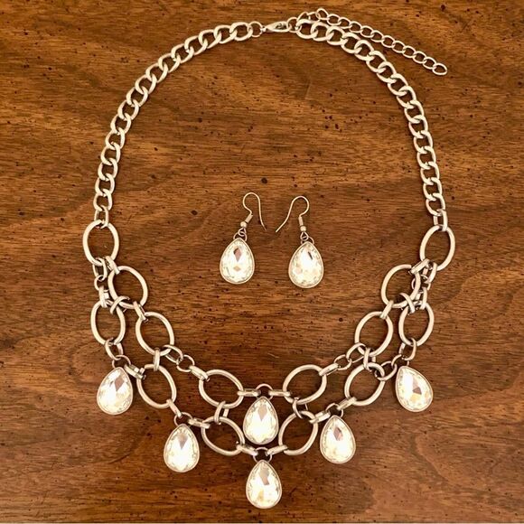 Teardrop Rhinestone Statement Necklace and Earring Set | 18.5” Adjustable - Picture 1 of 4